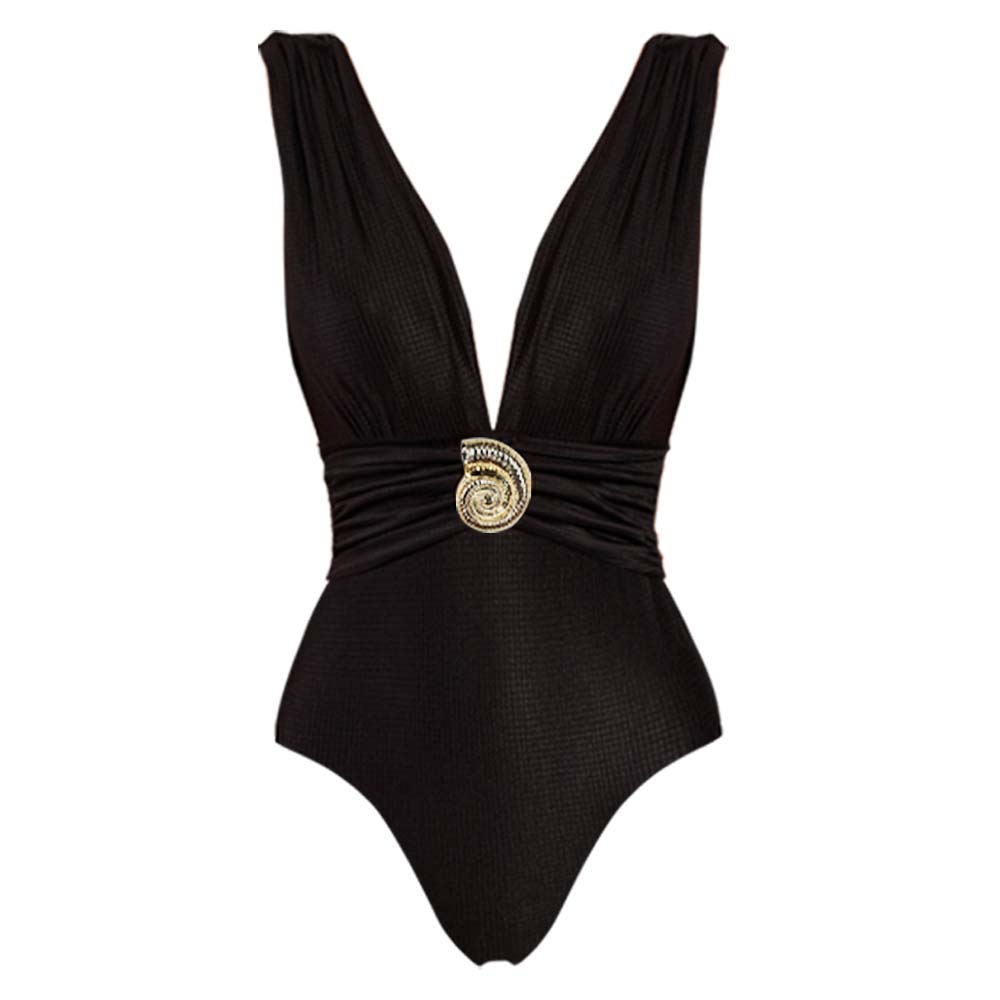 Plus Size Black V-Neck Conch Decoration One Piece Swimsuit and Sarong