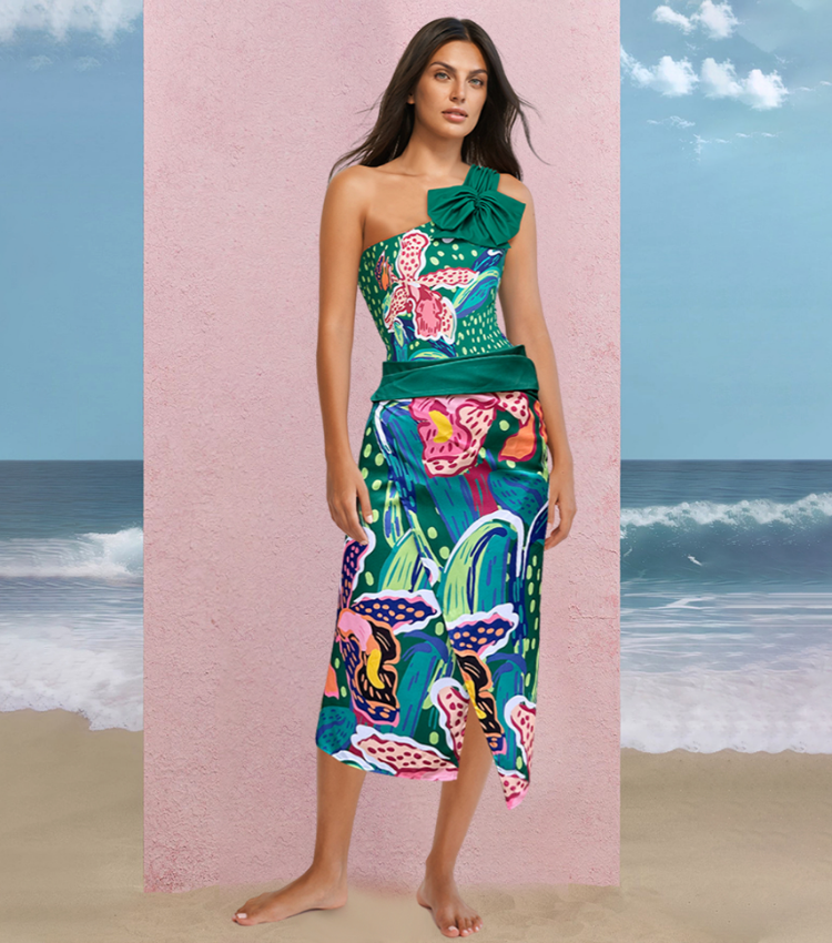 Tropic Printed One Shoulder One Piece Swimsuit and Sarong Flaxmaker