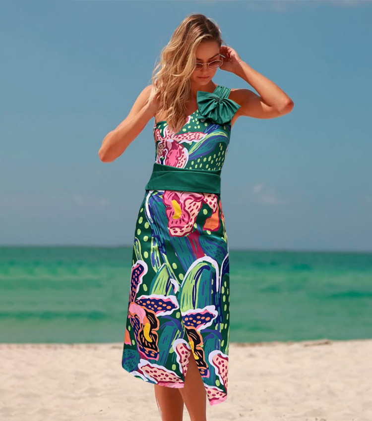 Tropic Printed One Shoulder One Piece Swimsuit and Sarong Flaxmaker
