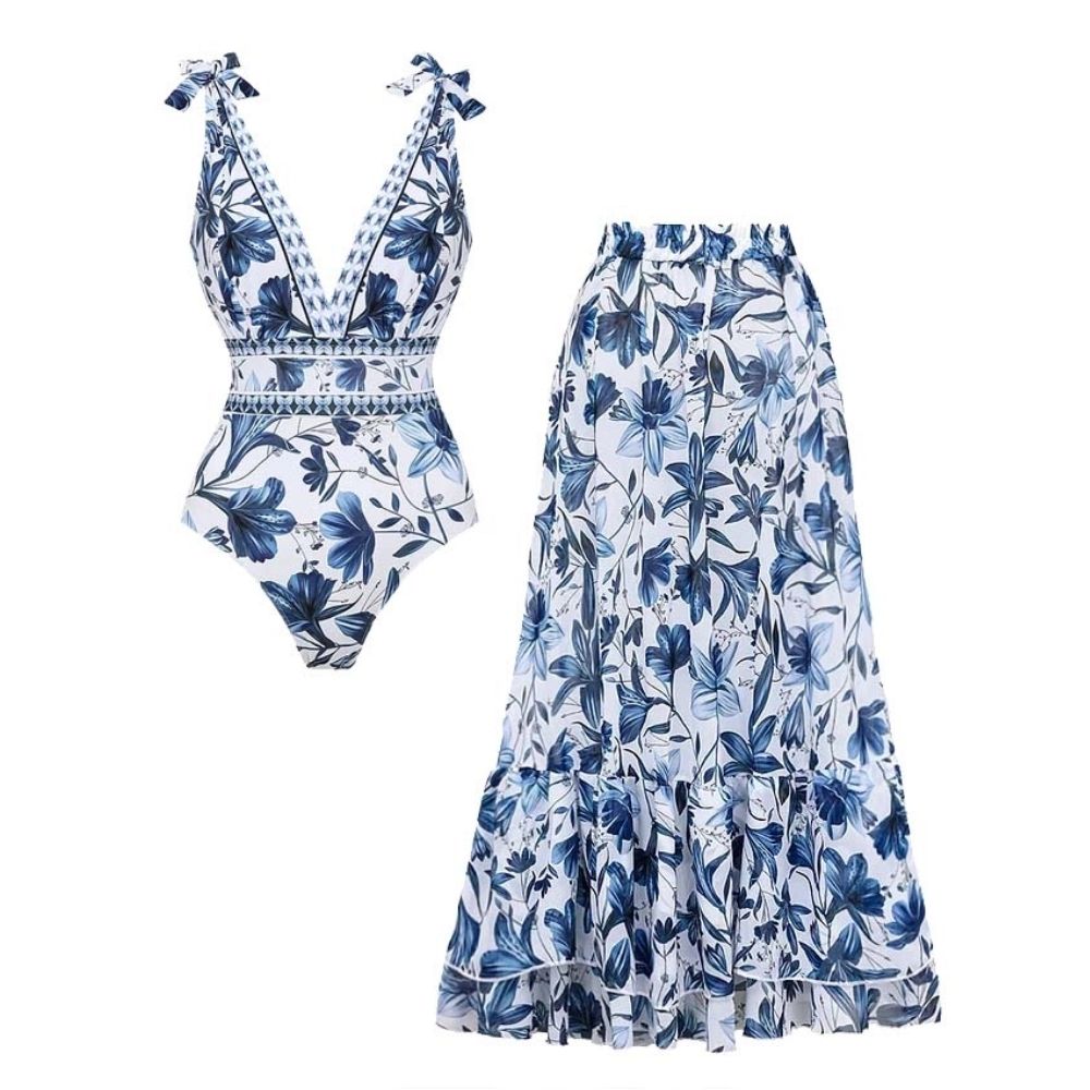 Plus Size V Neck Lace Up Printed One Piece Swimsuit and Skirt