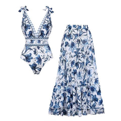 V Neck Lace Up Printed One Piece Swimsuit and Skirt