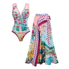 Plus Size Scallop Cut Neck One Piece Swimsuit and Skirt