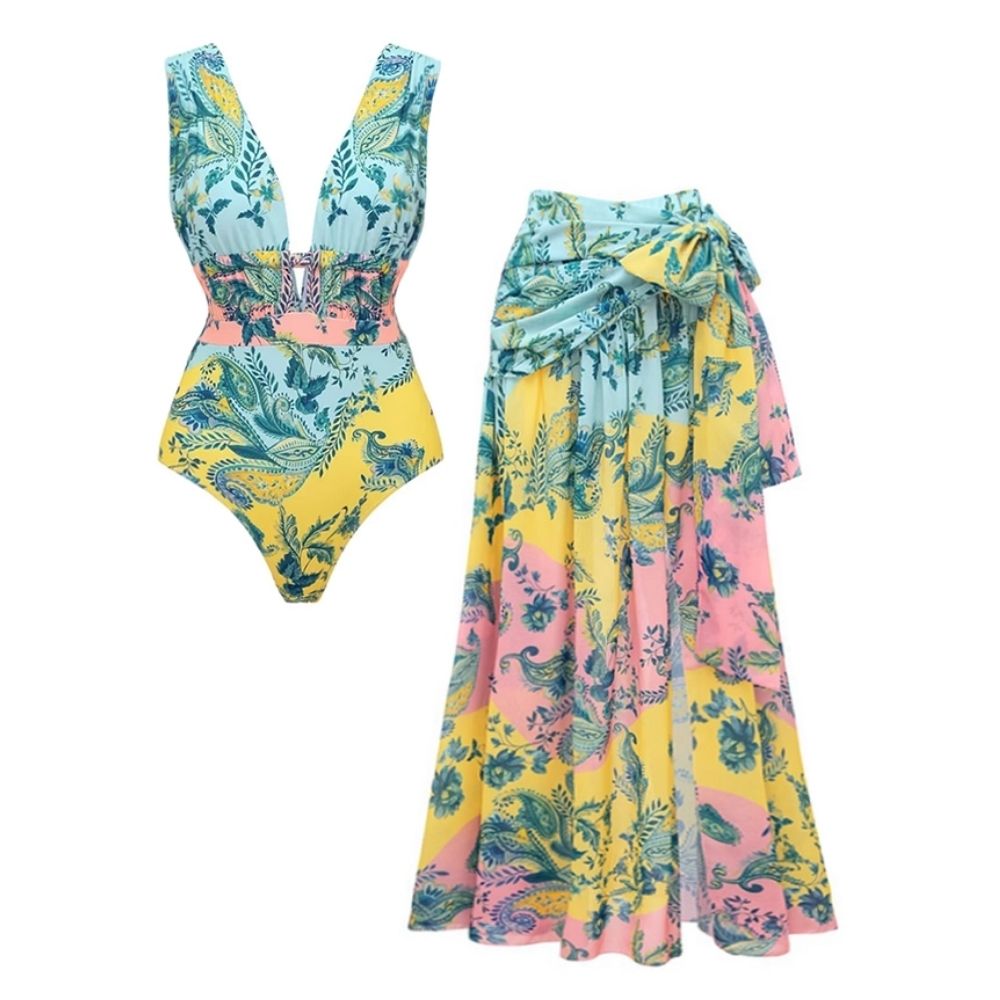Plus Size Color Block Printed One Piece Swimsuit and Skirt