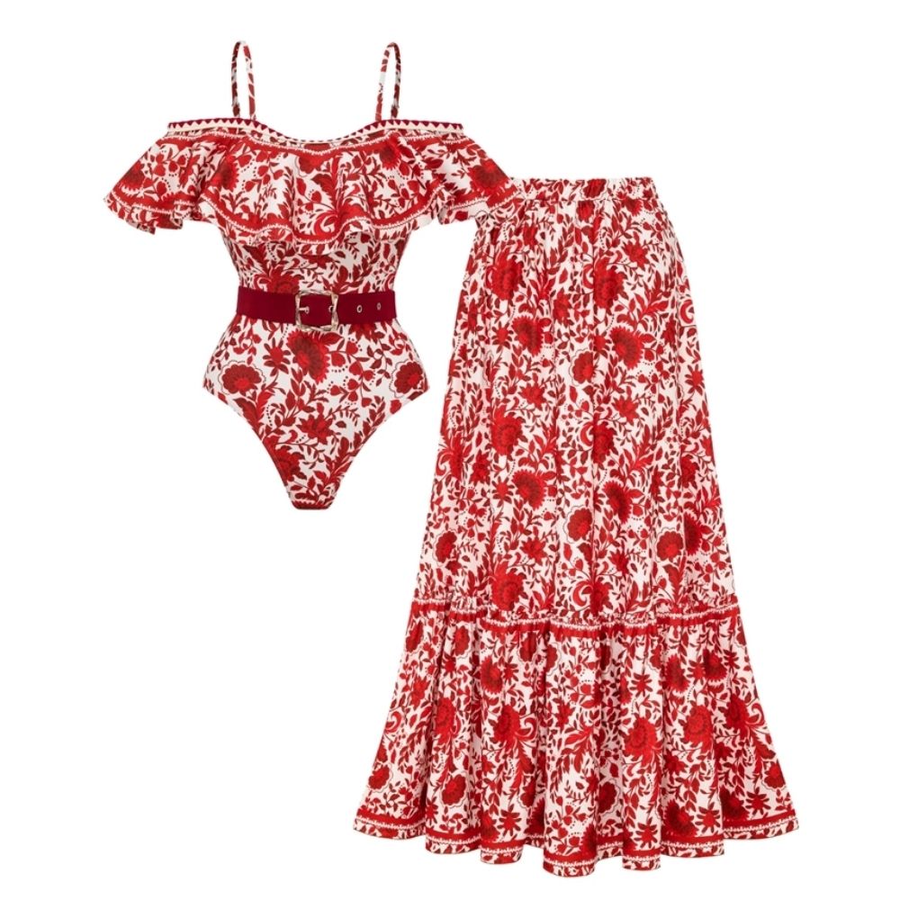 Bandeau Ruffled Red Flower Silhouette Print One Piece Swimsuit and Skirt
