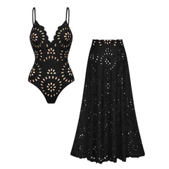 Plus Size Black Laser Cutting Flower Hollow One Piece Swimsuit and Skirt