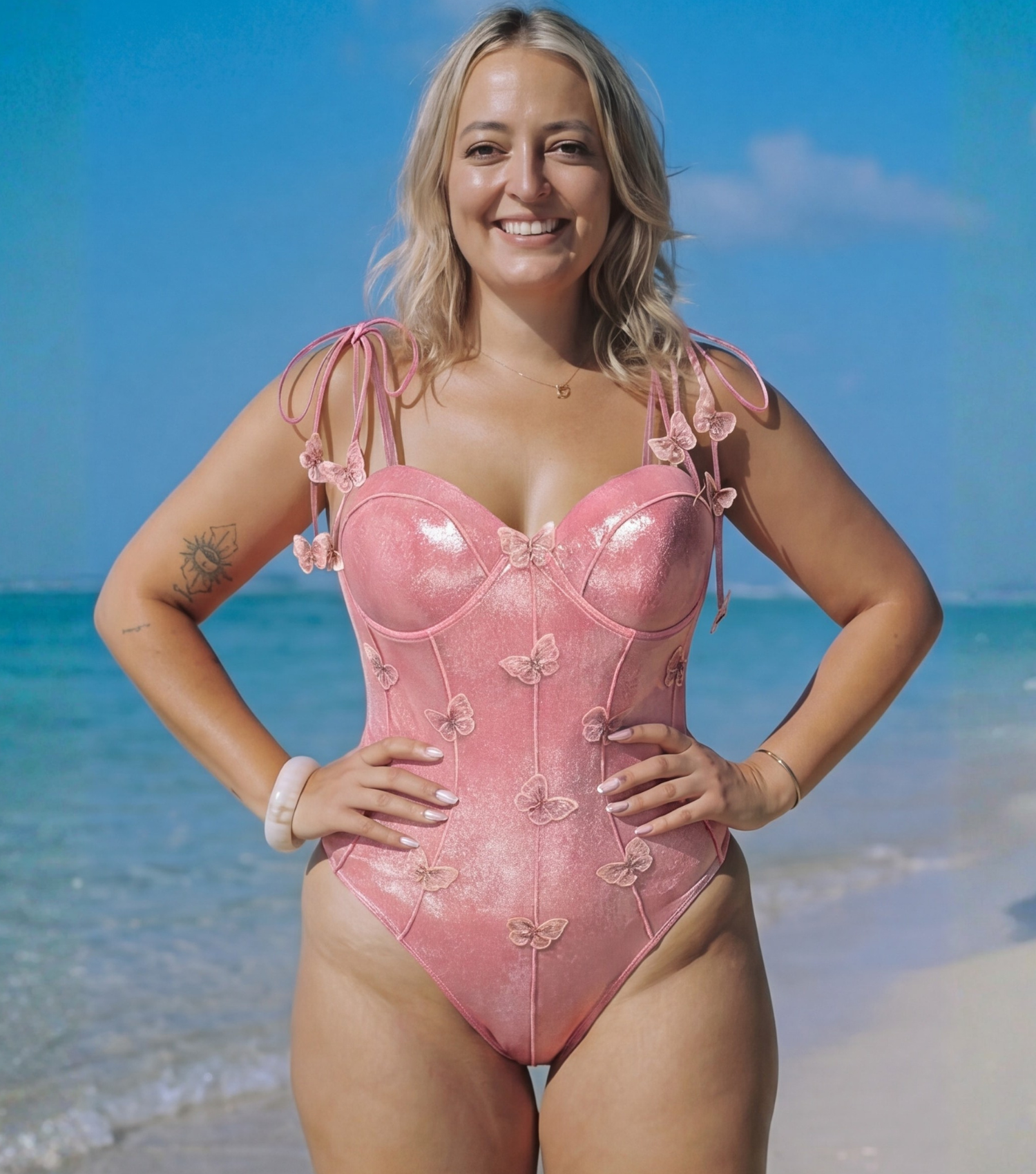 Plus Size Pink Shiny Embroidered Butterfly One Piece Swimsuit and Split Skirt