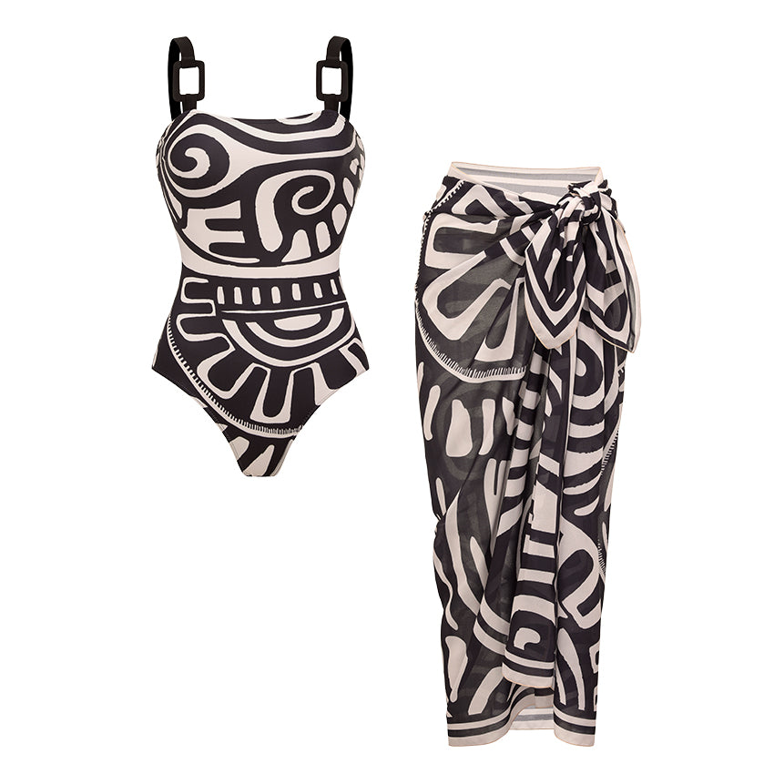 Plus Size Adjustable Shoulder Straps Black Tribal Print Swimsuit Set(s)