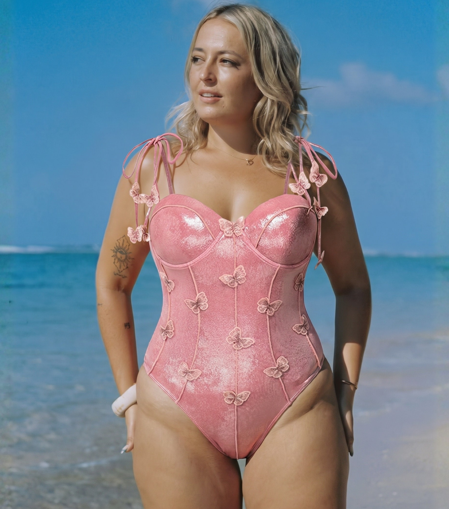 Plus Size Pink Shiny Embroidered Butterfly One Piece Swimsuit and Split Skirt
