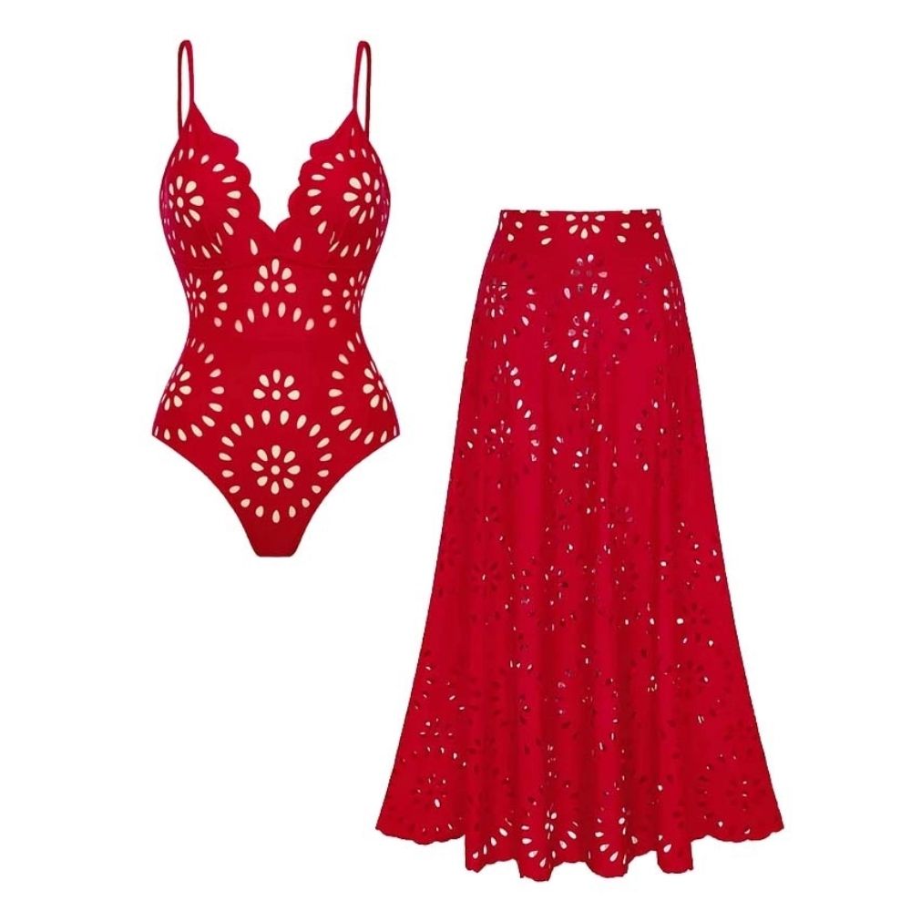 Plus Size Laser Flower Hollow One Piece Swimsuit and Skirt