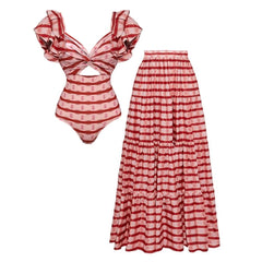 Plus Size Ruffle Red Striped Printed Cut Out One Piece Swimsuit and Skirt