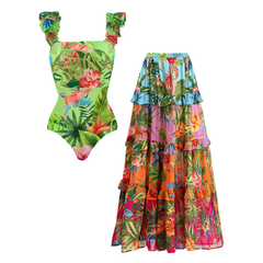 Plus Size Sling Ruffle Printed One Piece Swimsuit and Skirt