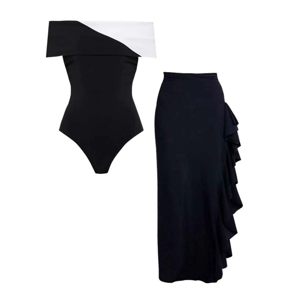 Plus Size Off Shoulder Color Block One Piece Swimsuit and Skirt