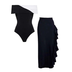 Plus Size Off Shoulder Color Block One Piece Swimsuit and Skirt