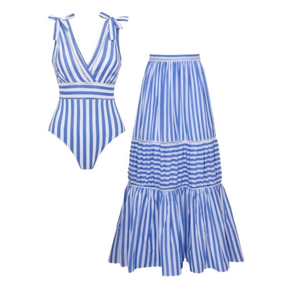 Plus Size Bowknot Striped Print One Piece Swimsuit and Skirt