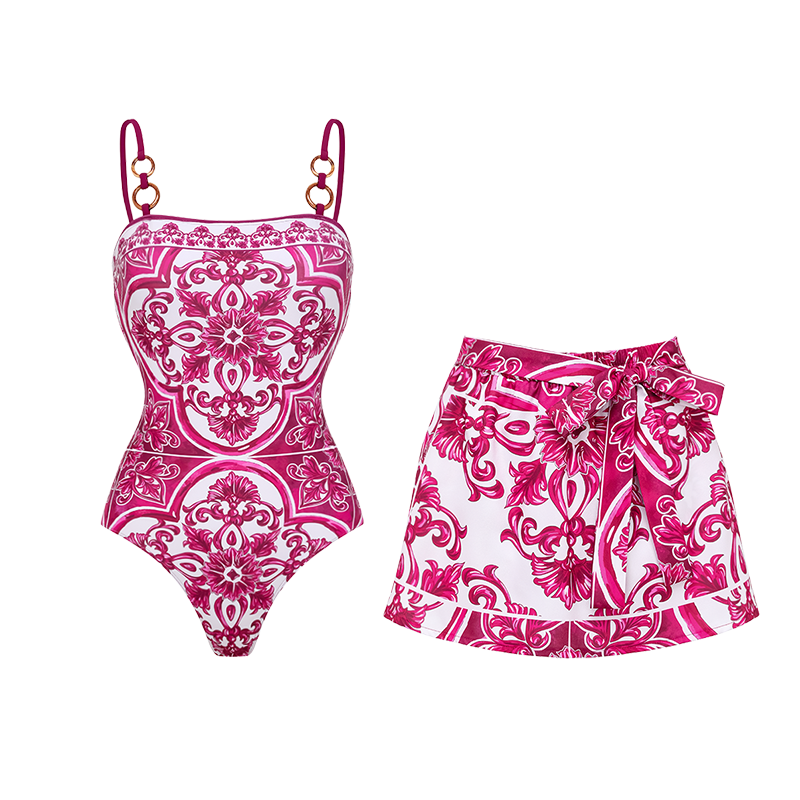 Plus Size Sling Classic Majolica Series Pattern Print One Piece Swimsuit and Skirt or Shorts
