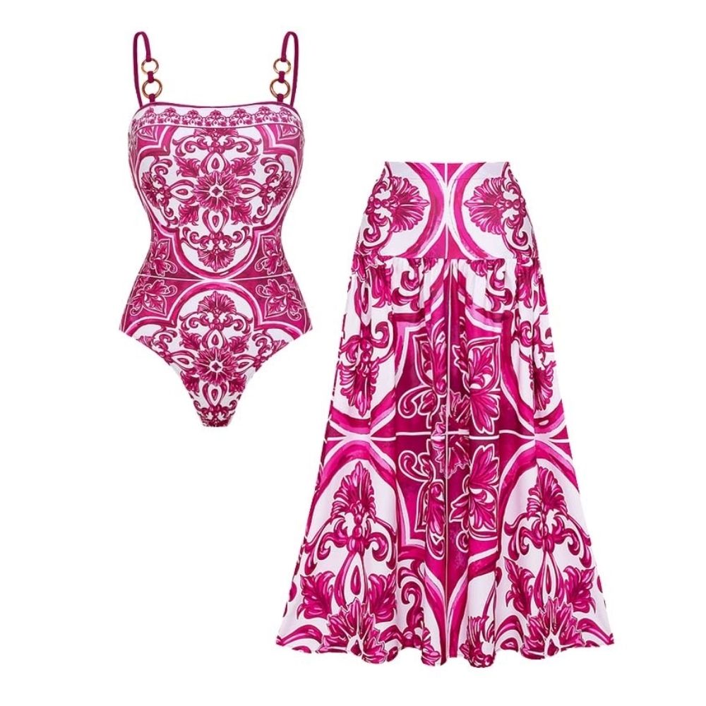 Plus Size Sling Classic Majolica Series Pattern Print One Piece Swimsuit and Skirt or Shorts