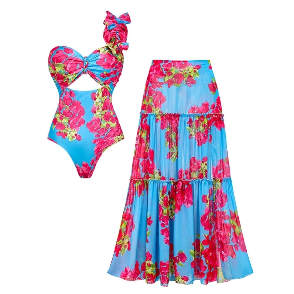 Plus Size Ruffle Removable Shoulder Strap Pink Bougainvillea Flower Swimsuit and Skirt