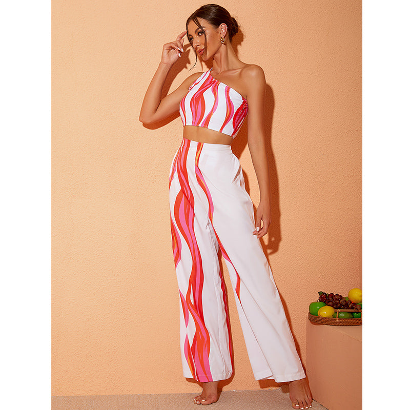 One Shoulder Printed Bikini Swimsuit and Pants Flaxmaker