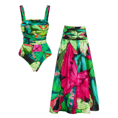 Plus Size Butterfly Printed One Piece Swimsuit and Skirt