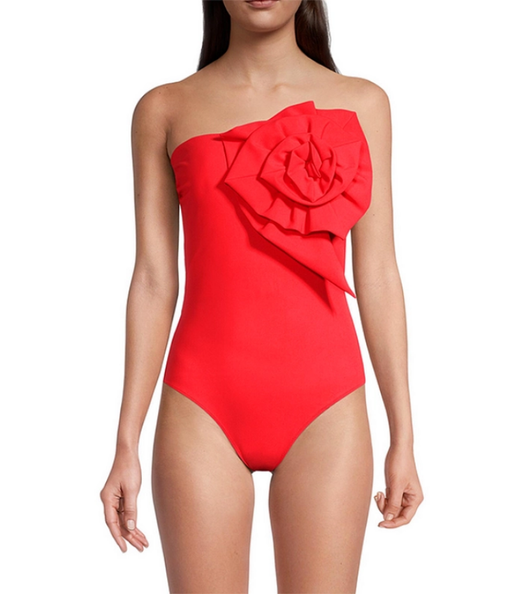 Plus Size 3D Flower Removable Strap Red One Piece Swimsuit and Sarong Flaxmaker