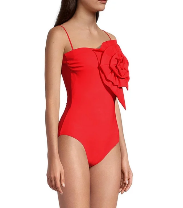 Plus Size 3D Flower Removable Strap Red One Piece Swimsuit and Sarong Flaxmaker