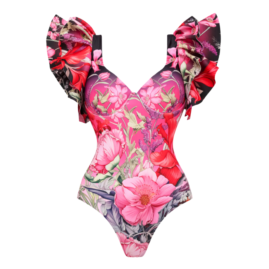 Plus Size Ruffled Blooming Flowers Print One Piece Swimsuit and Sarong