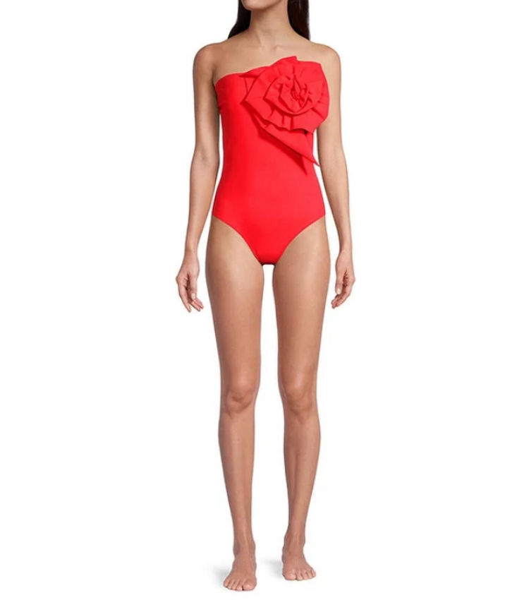 Plus Size 3D Flower Removable Strap Red One Piece Swimsuit and Sarong Flaxmaker