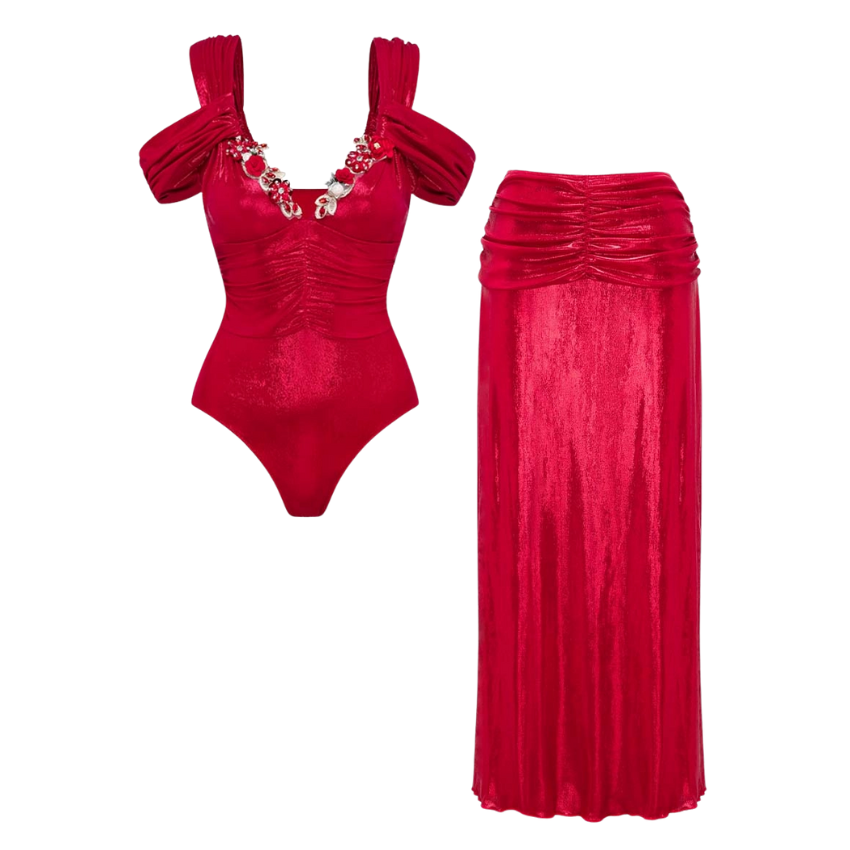 Plus Size Red Shiny Embroidery Decoration One Piece Swimsuit and Skirt
