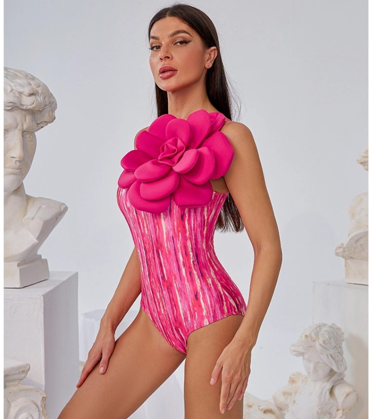 Plus Size 3D Flower Decor One Piece Swimsuit and Skirt Flaxmaker