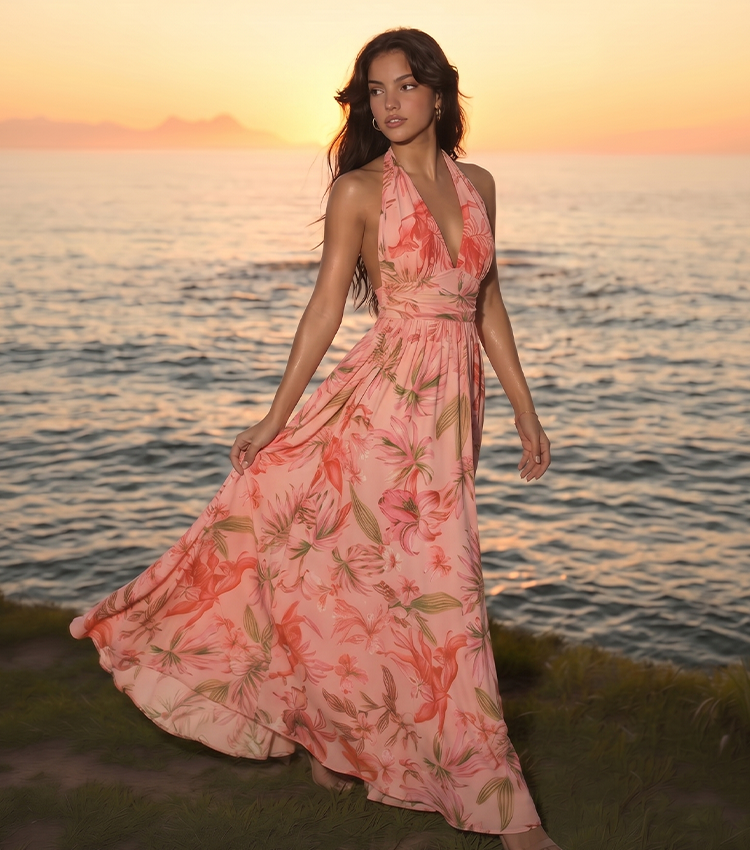 V-neck Pink Lily Print Swimsuit Set(s)
