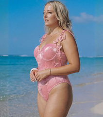 Plus Size Pink Shiny Embroidered Butterfly One Piece Swimsuit and Split Skirt