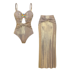 Plus Size Stone Decoration Shiny One Piece Swimsuit and Skirt