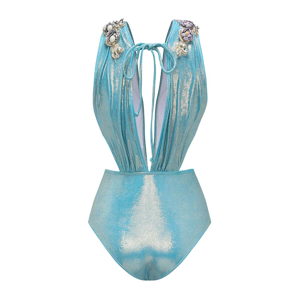 Plus Size Shiny Beaded Flowers Deep V-neck One Piece Swimsuit and Split Skirt