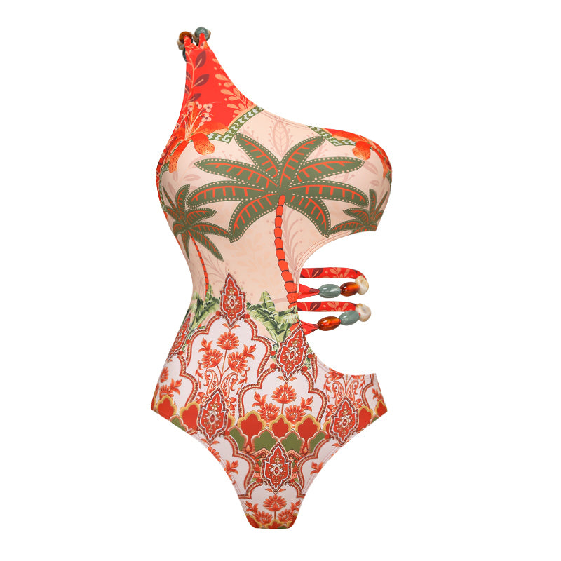 Beaded Cutout One Shoulder Coconut Palm Print One Piece Swimsuit and Skirt