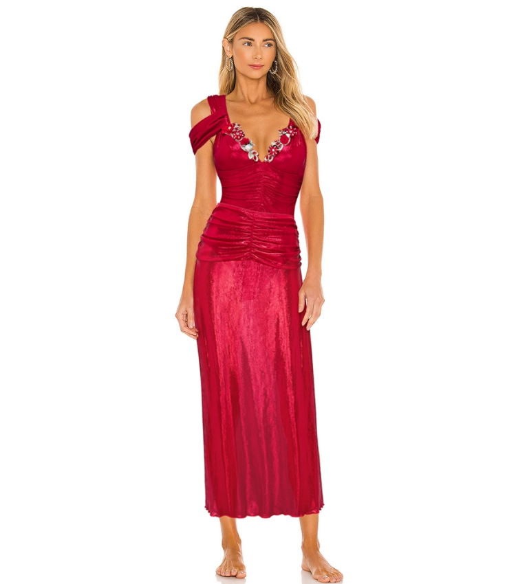 Red Shiny Embroidery Decoration One Piece Swimsuit and Skirt