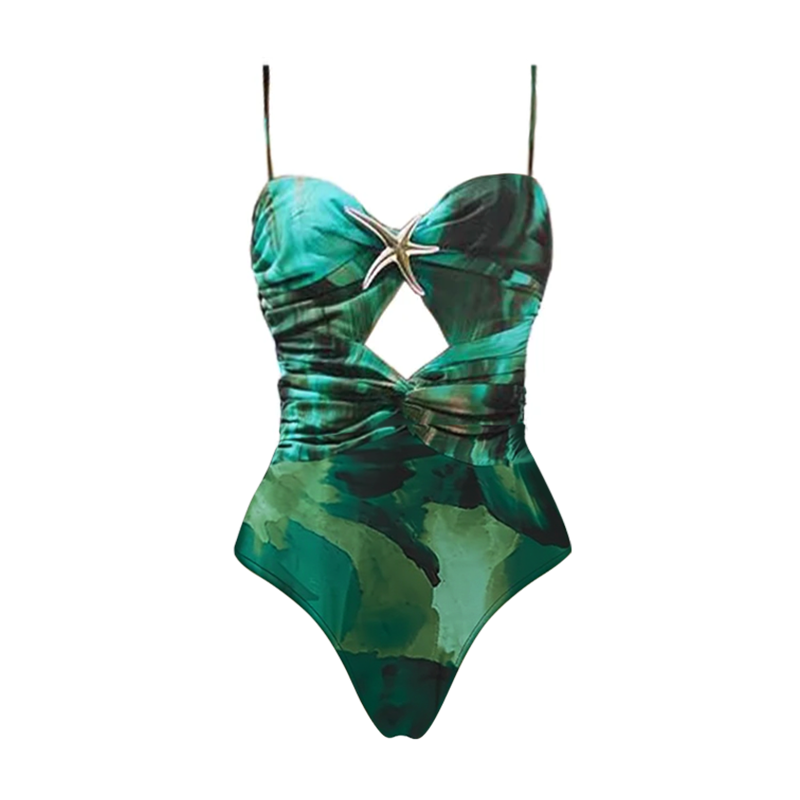 Flaxmaker Green Printed Pleated Swimsuit & Skirt Set
