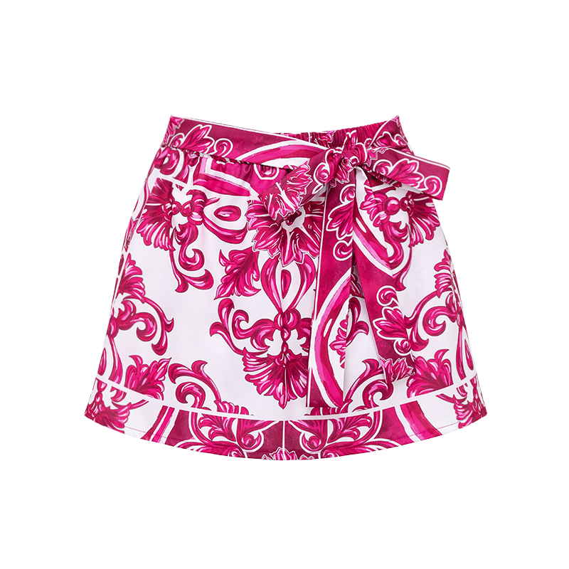 Long-Sleeved Classic Majolica Series Pattern Print One Piece Swimsuit and Skirt or Shorts