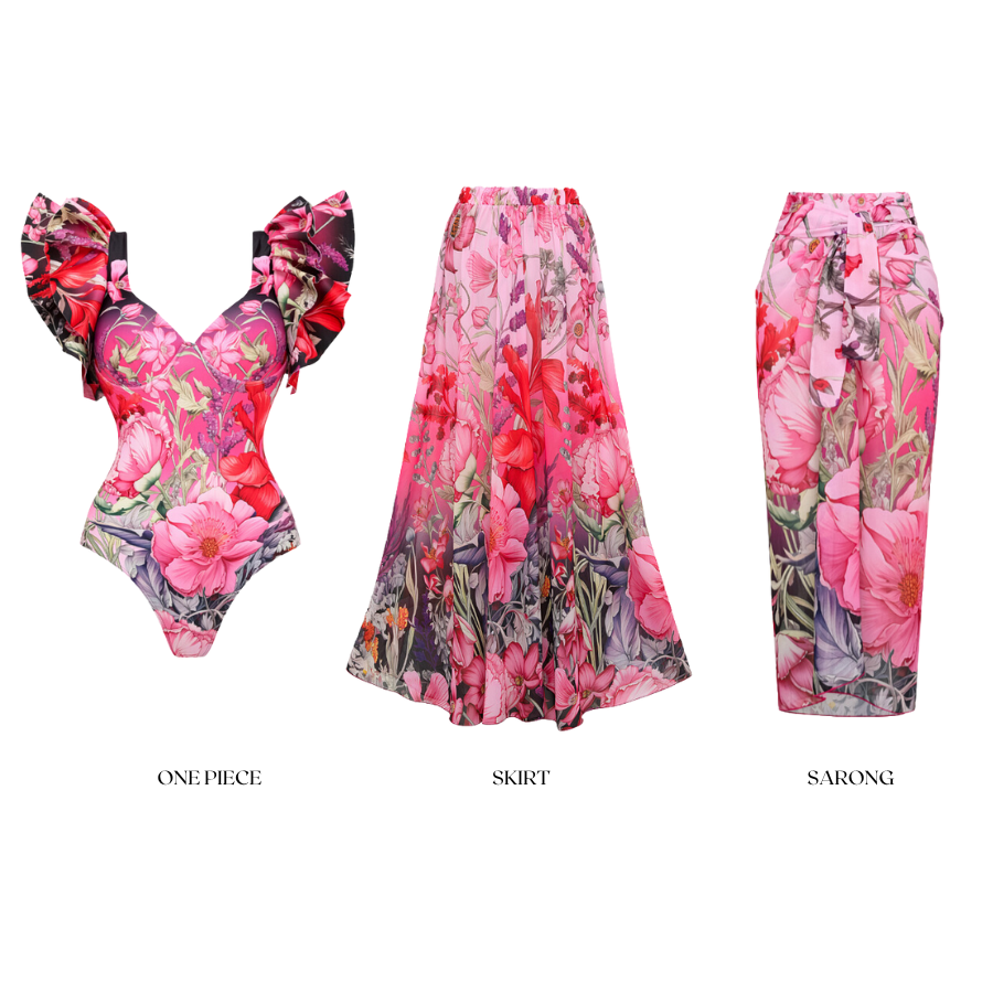 Plus Size Ruffled Blooming Flowers Print One Piece Swimsuit and Sarong
