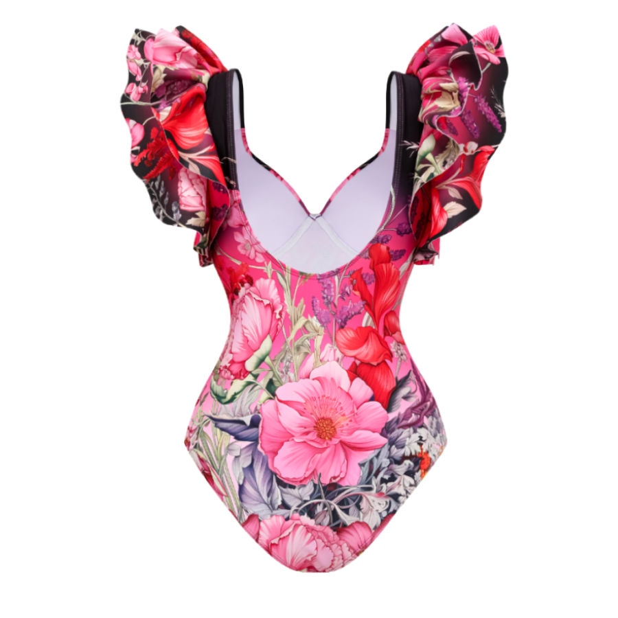 Plus Size Ruffled Blooming Flowers Print One Piece Swimsuit and Sarong