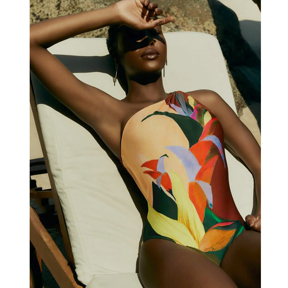 Plus Size One Shoulder Printed One Piece Swimsuit and Skirt