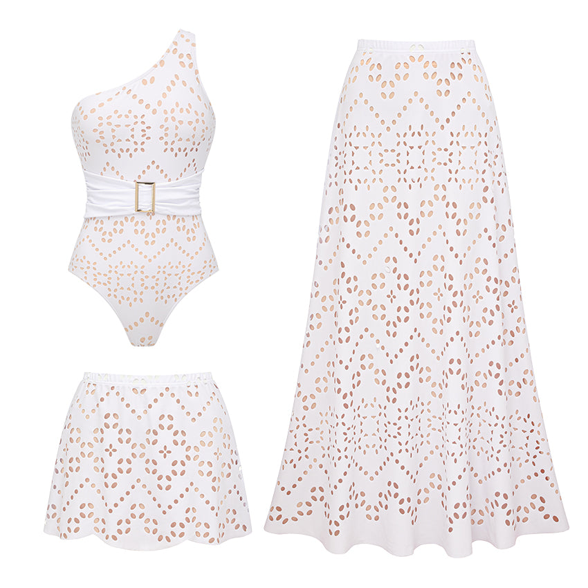 One Shoulder White Laser Cutting Flower Swimsuit Set(s)
