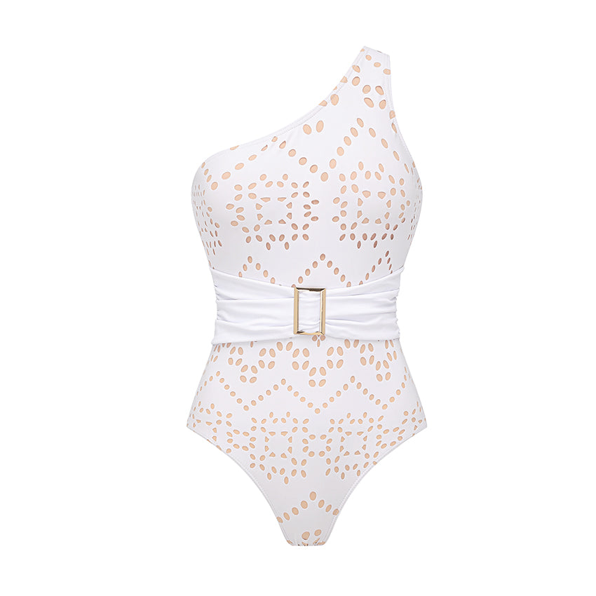 One Shoulder White Laser Cutting Flower Swimsuit Set(s)