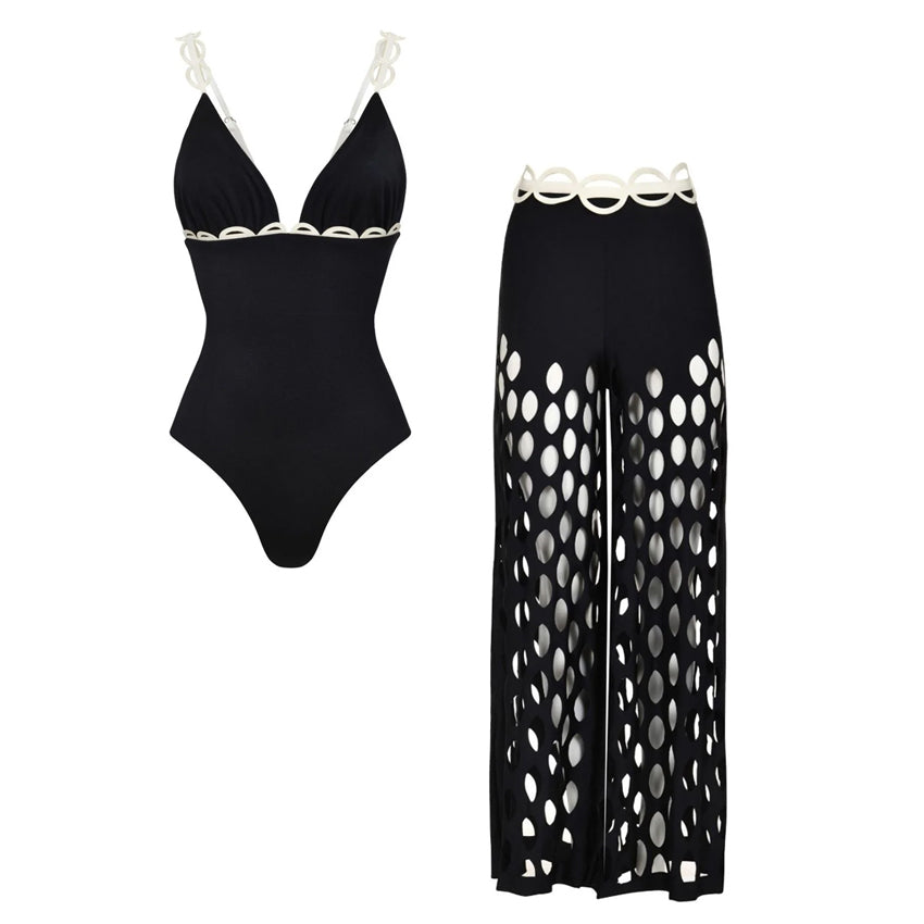 Adjustable Shoulder Straps Black Hollow Swimsuit Set(s)