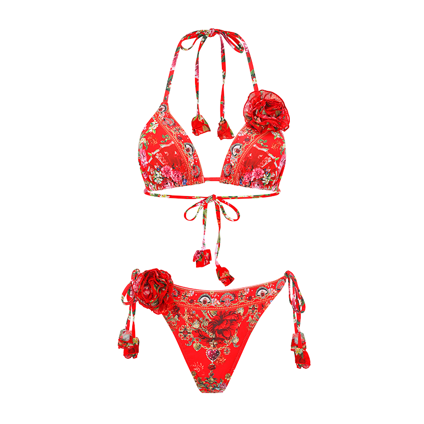 3D Red Flowers Triangle Cup Swimsuit Set(s)