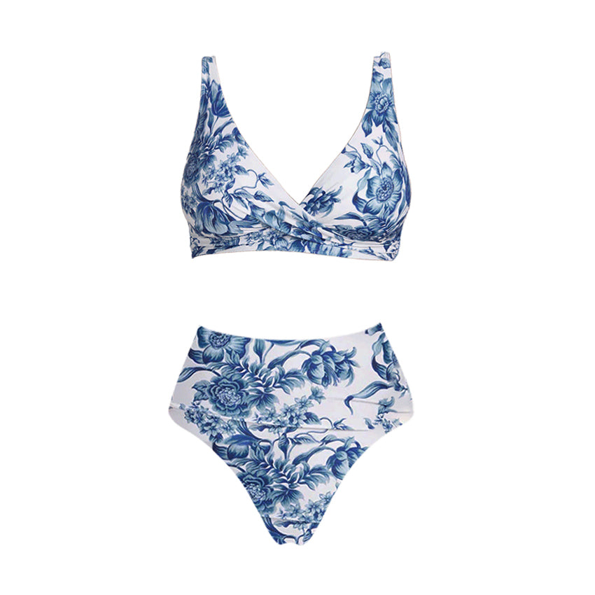 Plus Size V Neck Blue Print High Wasit Bikini Swimsuit Set(s)