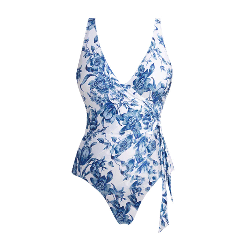 Plus Size V Neck Blue Print Lace Up Swimsuit Set(s)