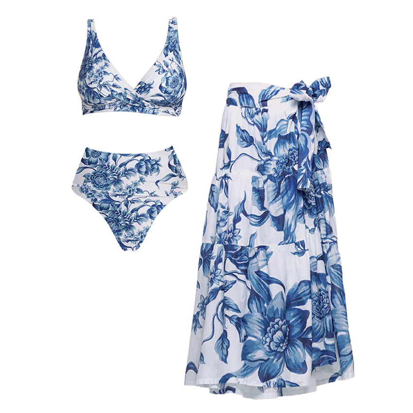 Plus Size V Neck Blue Print High Wasit Bikini Swimsuit Set(s)
