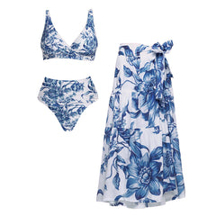 Plus Size V Neck Blue Print High Wasit Bikini Swimsuit Set(s)