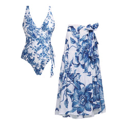 Plus Size V Neck Blue Print Lace Up Swimsuit Set(s)