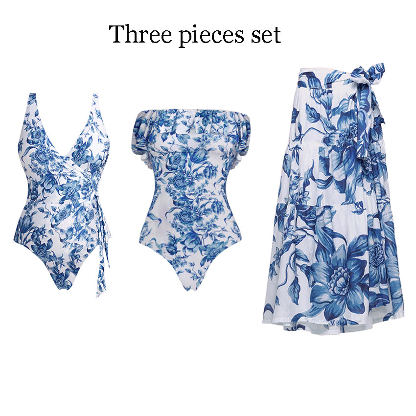 Plus Size V Neck Blue Print Lace Up Swimsuit Set(s)
